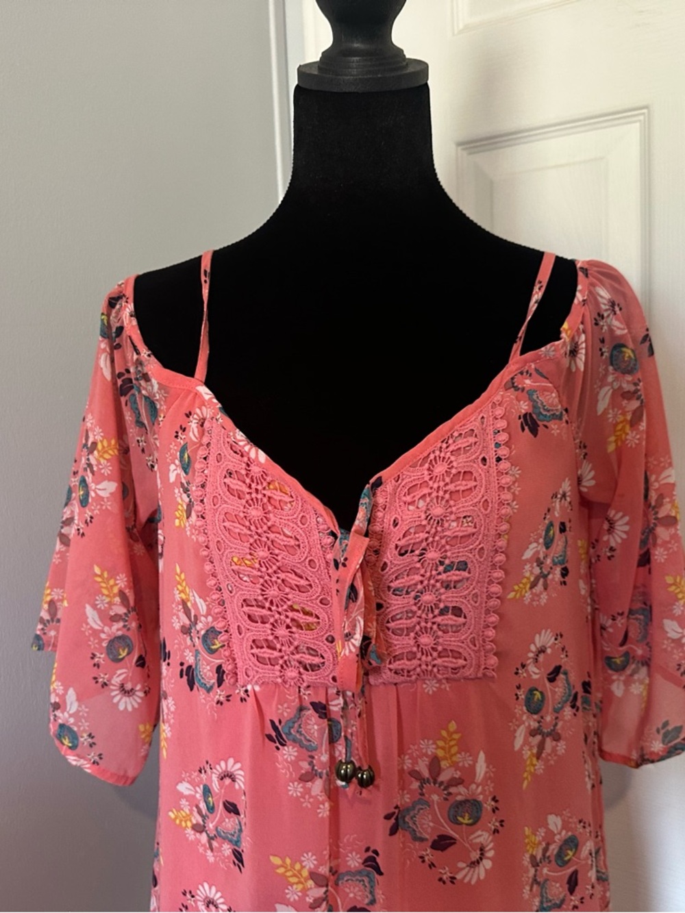 AUW Floral Cold-Shoulder Boho Mini Dress - Coral/Pink - Size S